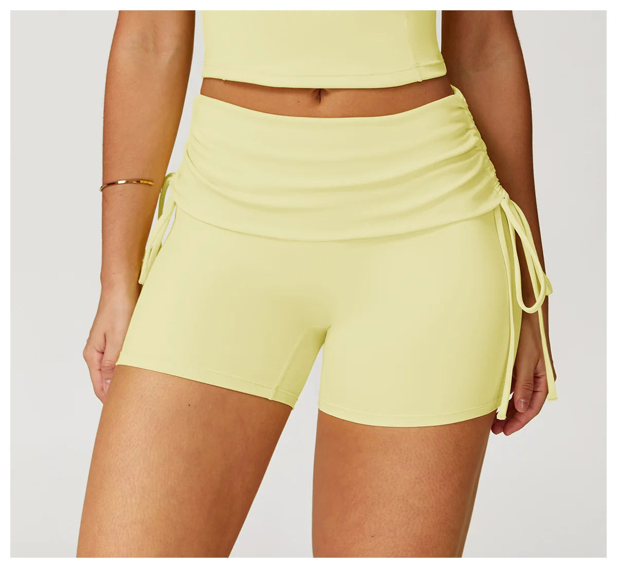 Women's Yoga Pants Summer Folding Drawstring High Waisted Nude Tight Sports Shorts Breathable Tummy Control Workout Leggings