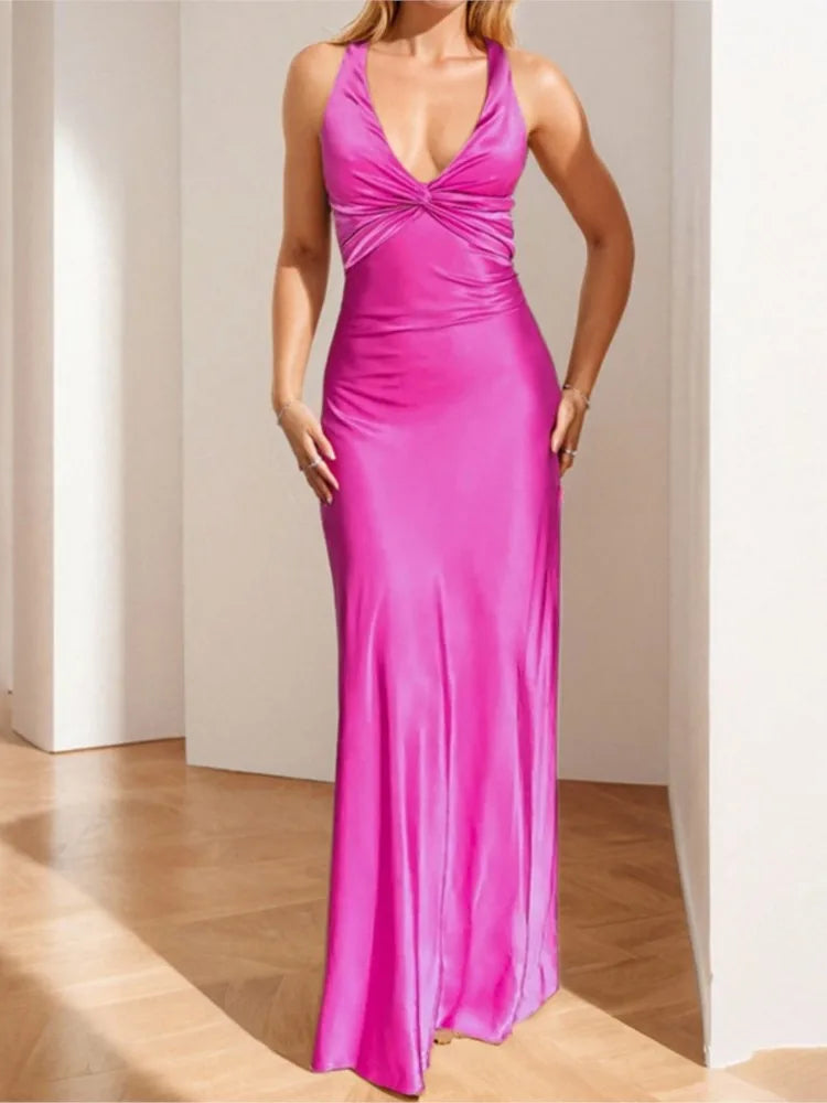 Sexy Elegant Party Long Dress Fashion Summer Solid Color V-Neck Halter Neck 2025 Backless Vestidos Sleeveless Beach Maxi Dresses
