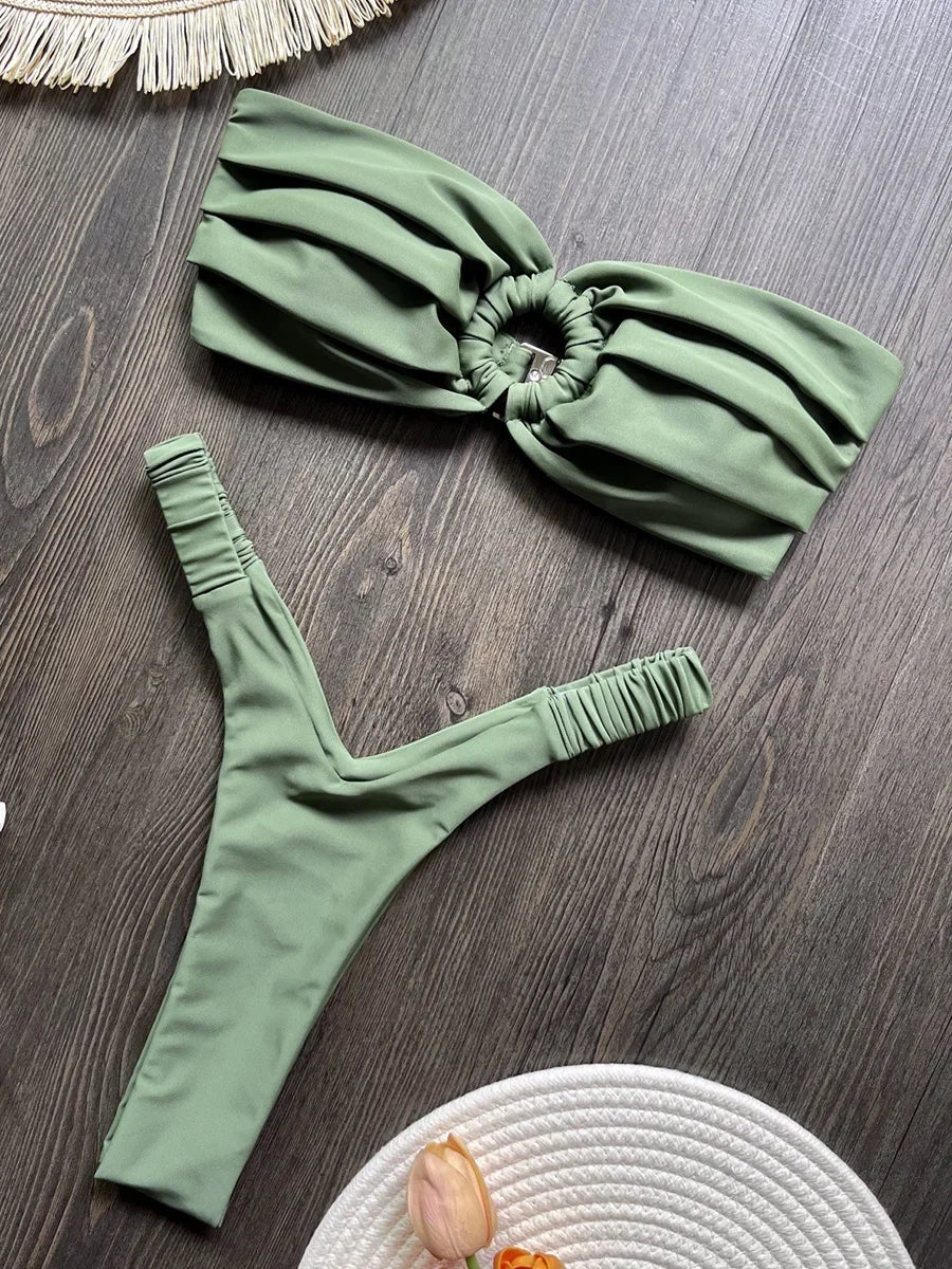 Wrinkled Bandeau High Cut Mini Thong Bikini Female Swimsuit Women Swimwear Two-pieces Bikini Set Bather Bathing Suit Swim Lady