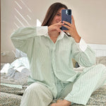 Women Autumn Winter Color Block Striped Pajama Set Skin Friendly Loose Long Sleeve Pants Two Piece Ladies Homewear Sleepwear