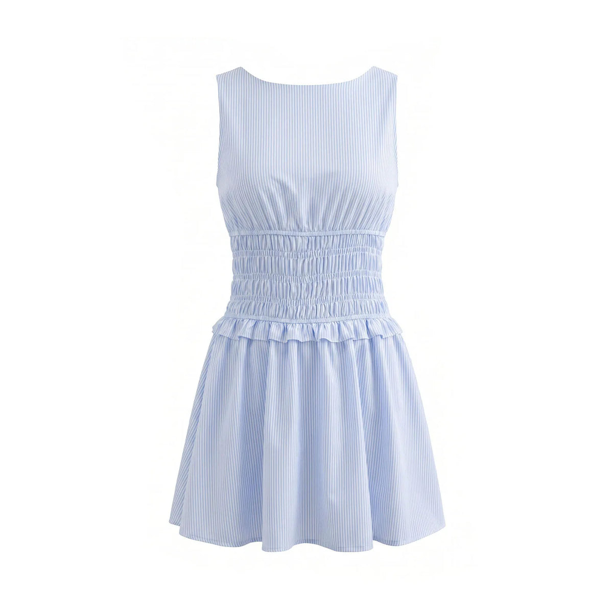2026 Summer Women's Sleeveless Short Dress Stripe Print Boat Neck Waist-Cinching Slim Fit Dress Holiday Daily Casual Streetwear