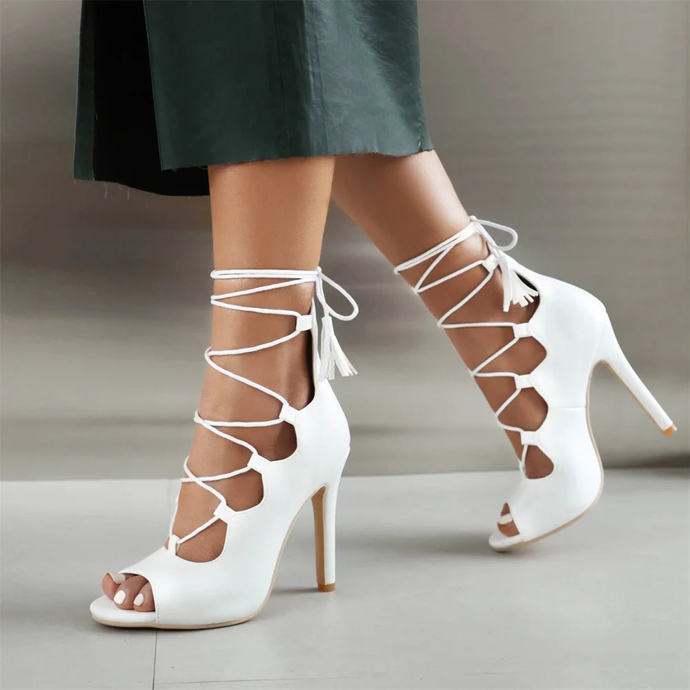 Plus Size 48 Sexy Black Stiletto High Heels Sandals Women Summer Red Cross-tied Jazz Dance Party Shoes Roman Gladiator Sandals