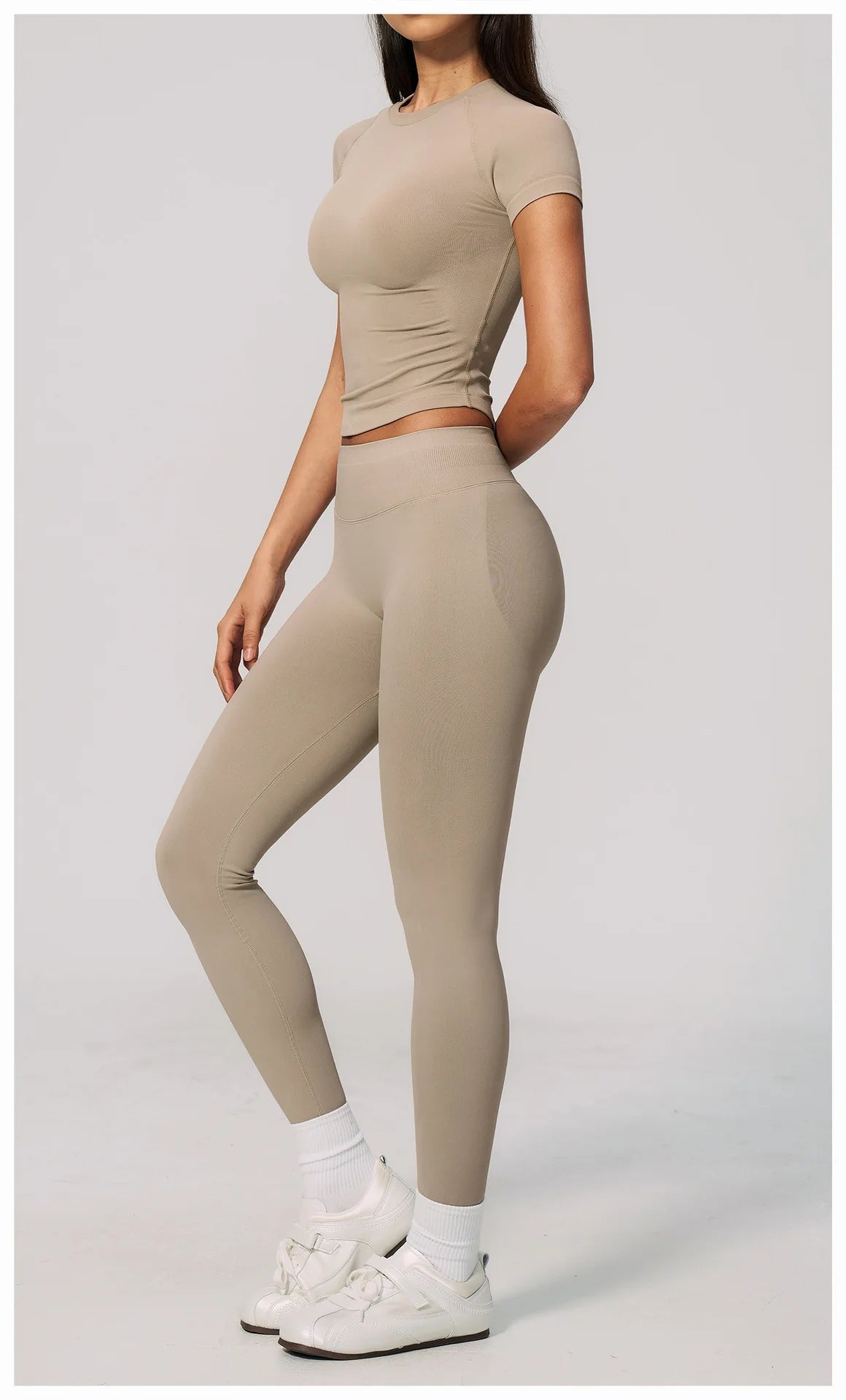 2PCS Women's Tracksuit Seamless Yoga Set Short Sleeve O Neck Workout T Shirts Fitness Suit Tight Hip Lifting Leggings Gym Sets