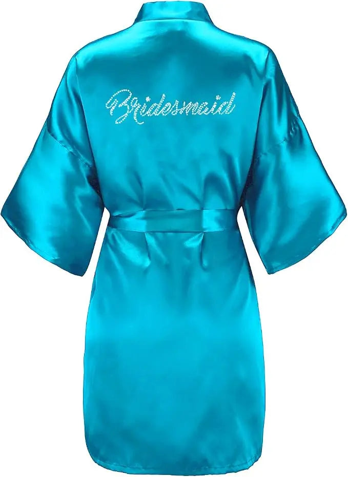 Women's Satin Kimono Robes with Rhinestones Bride Bridesmaid Short Getting Ready Wedding Dressing Gown