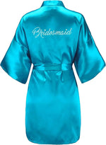 Women's Satin Kimono Robes with Rhinestones Bride Bridesmaid Short Getting Ready Wedding Dressing Gown