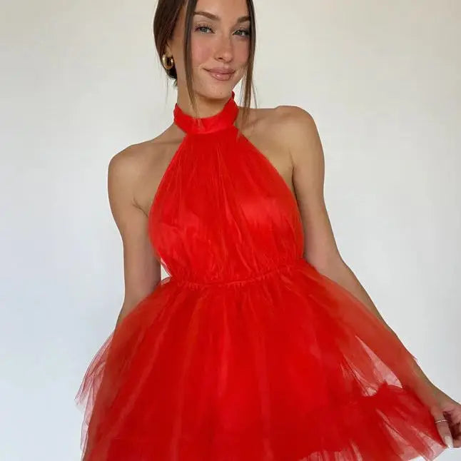 Solid Color Mesh Halter Neck Dresses Women Sexy Backless Leace-up Sleeveless Mini Dress Trendy Elegant Lady Vestidos Summer New