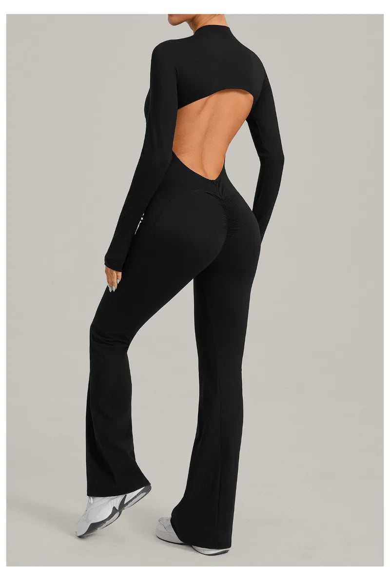 Women's Seamless Yoga Jumpsuits Sports Fitness Gym One-piece Long-sleeves Hip-Lifting Beauty Back Workout Training Bodysuits