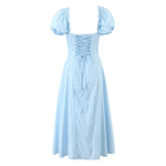 Bowknot Ruffles Light Blue Midi Dress Women's Summer Off Shoulder Short Sleeve Beach Dress Drawstring White A-line Vestidos 2025