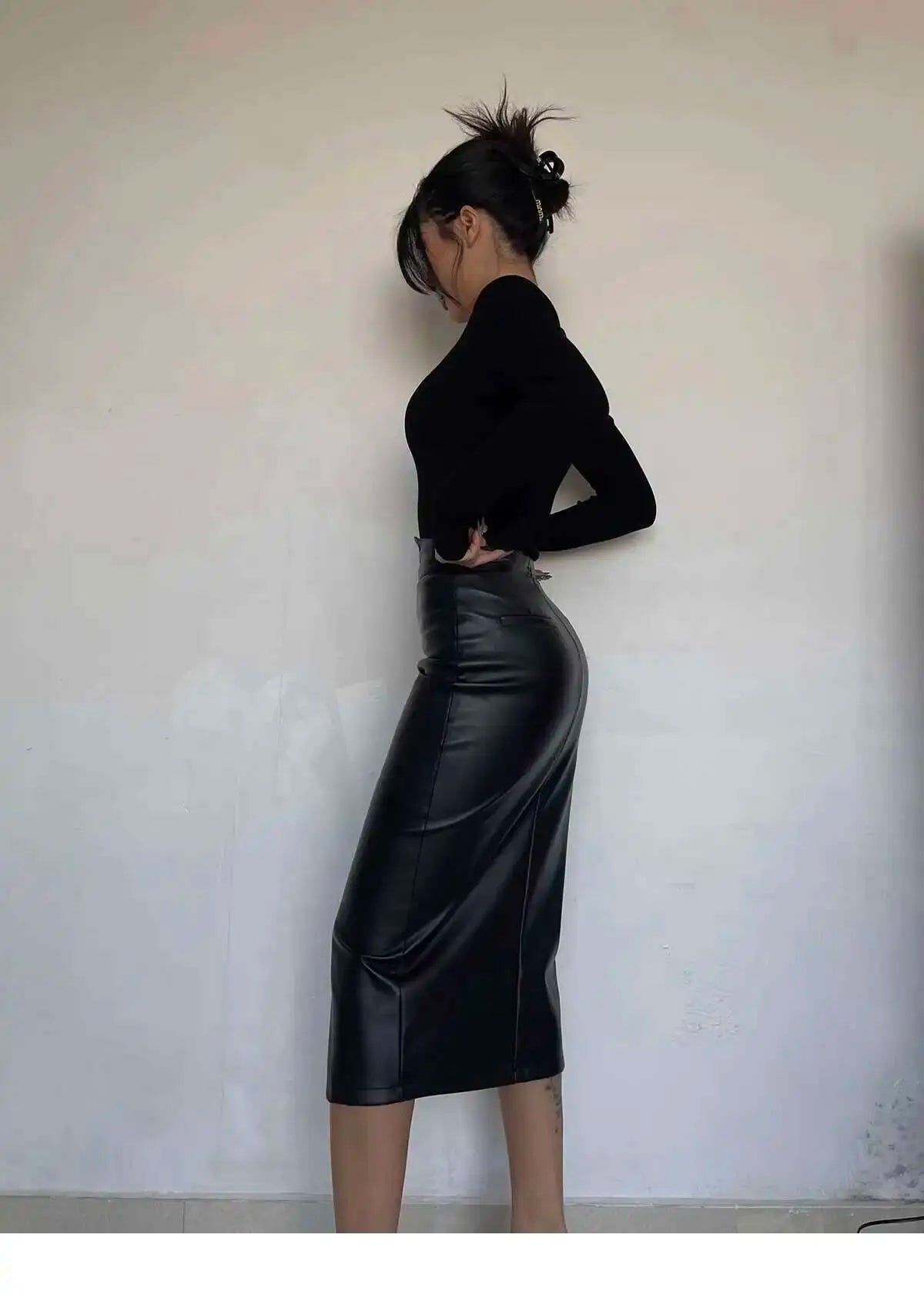 Sexy One Step Split PU Leather Half Skirt For Women's New High Waisted Slim Streetwear Black PU Fashion Womne Mini DressYTM8