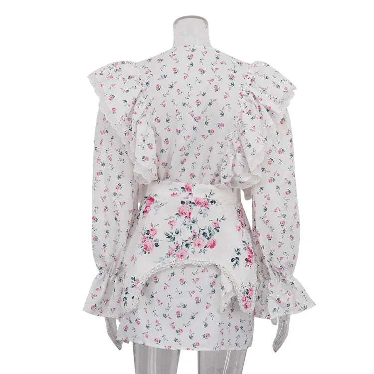 FDYOUI Women's O-neck Single Breasted Ruffles Floral Dress with Corset Ladies Chic Long Sleeve Tunics Shirts Dresses High Street