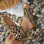 Women Animal Print Wedge Slide Sandals Leopard Zebra Open Toe Wide Fit Soft Platform Non‑Slip Outdoor Summer Slippers