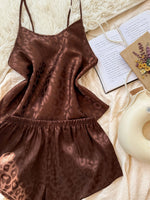 Fashion Leopard PrintWomen Pajamas Set 2 Piece Elegant Sleepwear Round Neck Top Paired with Shorts for Home