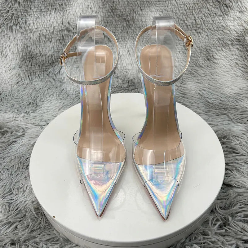 Clear PVC Patchwork SandalsNewest Transparent Straps Stiletto Heel Sandals Sexy Laser silver High Heels Wedding Shoes12cm