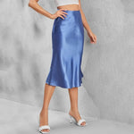 Satin-Like Shiny Skirt Women Midi Skirt High Waist Solid Color Mid-calf Length Skirt Soft Breathable Fabric Work Skirts