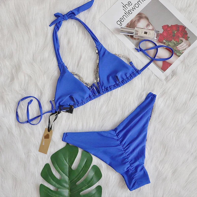 DEKA Women Diamond Bikini Set Brazilian Crystal Push Up String Bandage Swimwear Triangle Swimsuit Thong Biquini Beachwear
