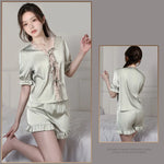 New Fashion Black Satin Pajama Set for Women Lace Trim V-Neck Short Sleeve Pjs Soft Comfortable Silky Sleepwear Shorts Set Gift