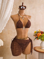 Sexy Mesh Cover Up 3 Piece Bikini Set 2026 Women White Metal Circle Push Up Bra Thong Swimwear Holiday Bathing Suit Swimsuit