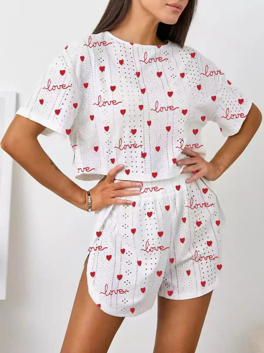 Women Pajamas Set Women's Short Sleeve Shorts Jacquard Print Summer Fashion Two-piece Pajamas Homewear Set Loungewear for Women
