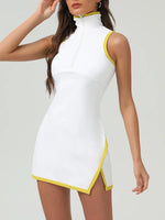 Summer Women's Tennis Dress White Contrast 2-in-1 Tennis Golf Sports Dresses Polo Collar Zipper Slim Split Fitness Dress