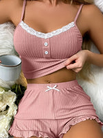 Summer 2pcs Pajama Sets Women Sexy Lace Trim Camisole Tops with Shorts Set Sleepwear Lounge Underwear