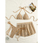 New Retro 3 Pieces Knitted Mesh String Bikini Set Swimsuit Women Blue Striped Swimwear with Shorts Beach Wear Boho Bathing Suit