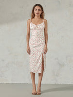 Women Summer Floral Print Party Club Midi Dress Sleeveless Spaghetti Strap Bustier Backless Thigh Slit Slim Dress