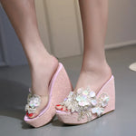 New Summer Flower Decoration Platform Wedges Sandals Women Fashion Silver High Heels Female Summer Gold Shoes Size 34-40