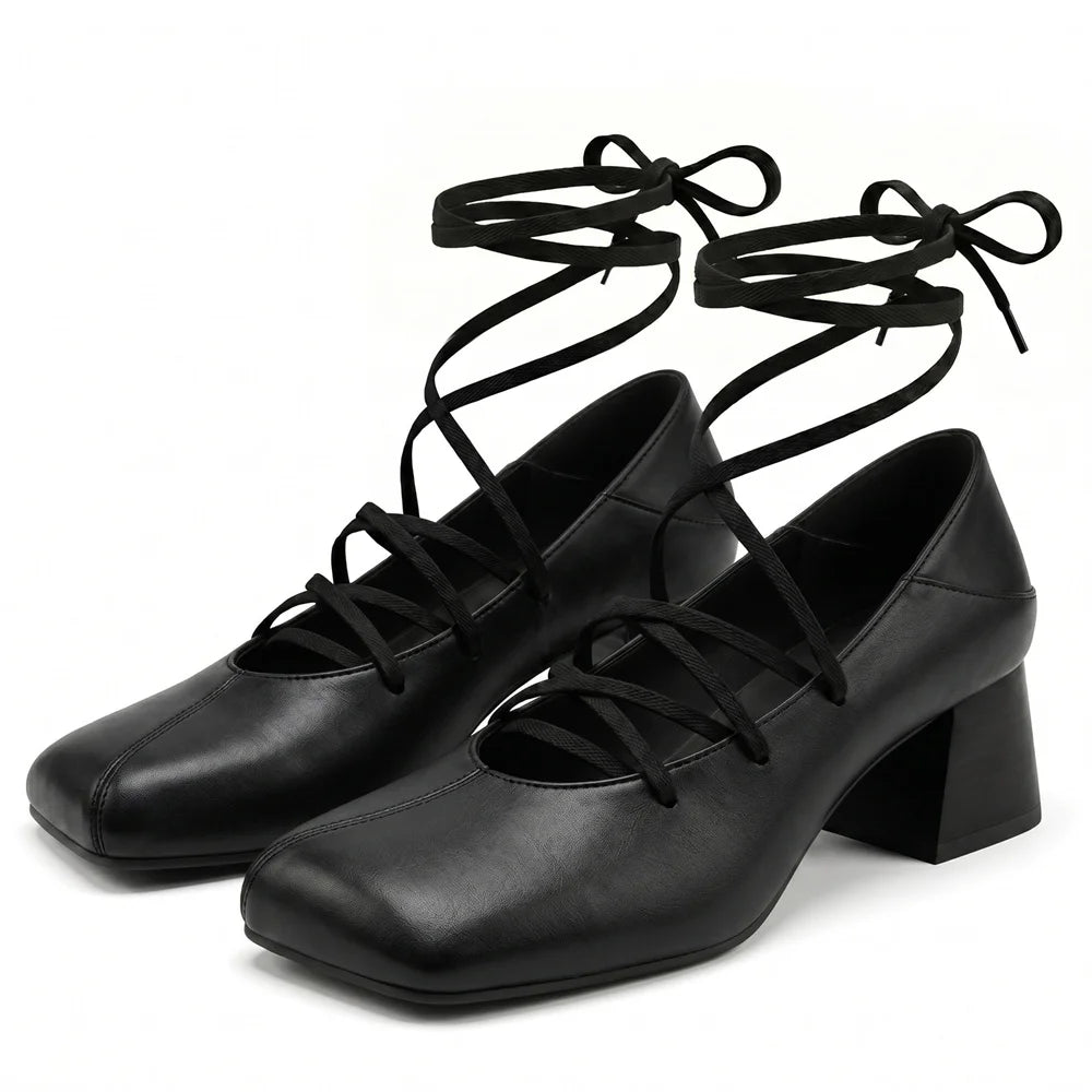 Plus Size 52 Retro Lace Up Ankle Wrap Mary Jane Heels Women Shoes Square Toe Faux Leather Chunky Block Mid Heel Vintage Pumps