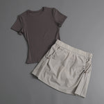 Summer Casual Yoga Sets Women Short Sleeve Loose T-shirt Sportwear High Waist Pocket Sports Short Skirt Fitness Running Wear