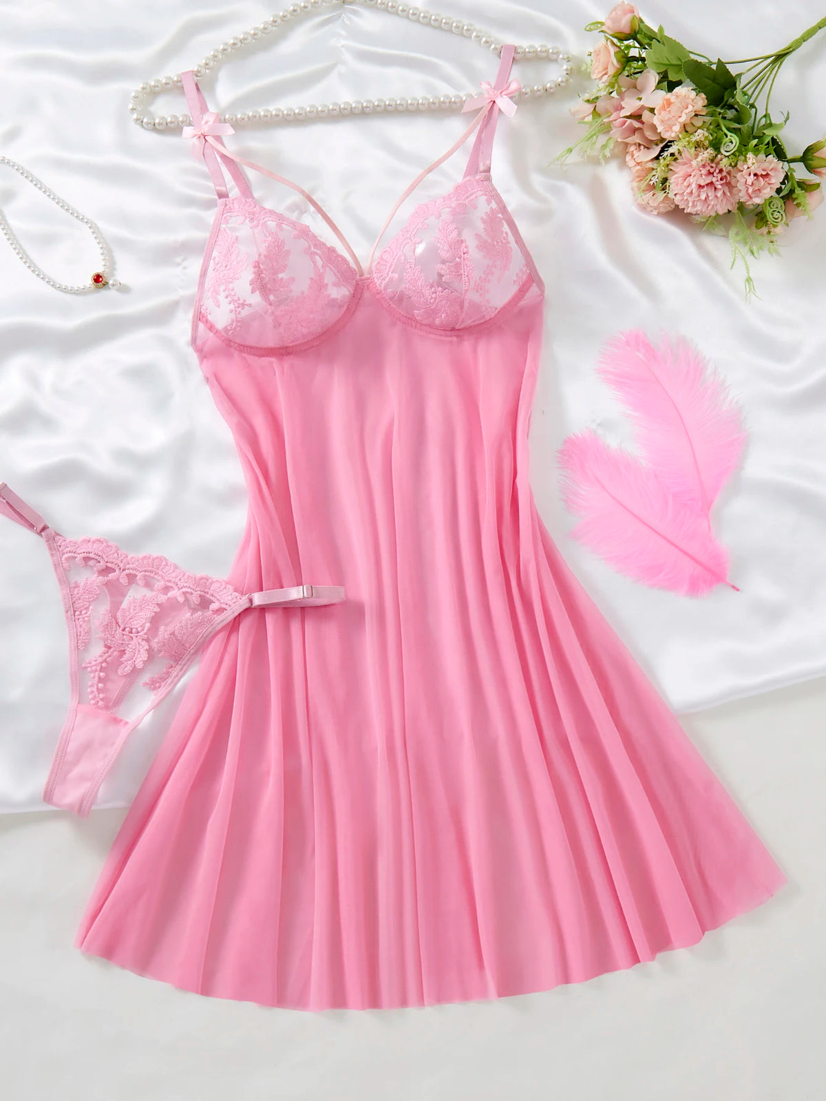 Ladies' Wine Red Countryside Style Wheat Ear Embroidery Semi Transparent Nightgown, Elegant and Comfortable, Bow Design ZA825066