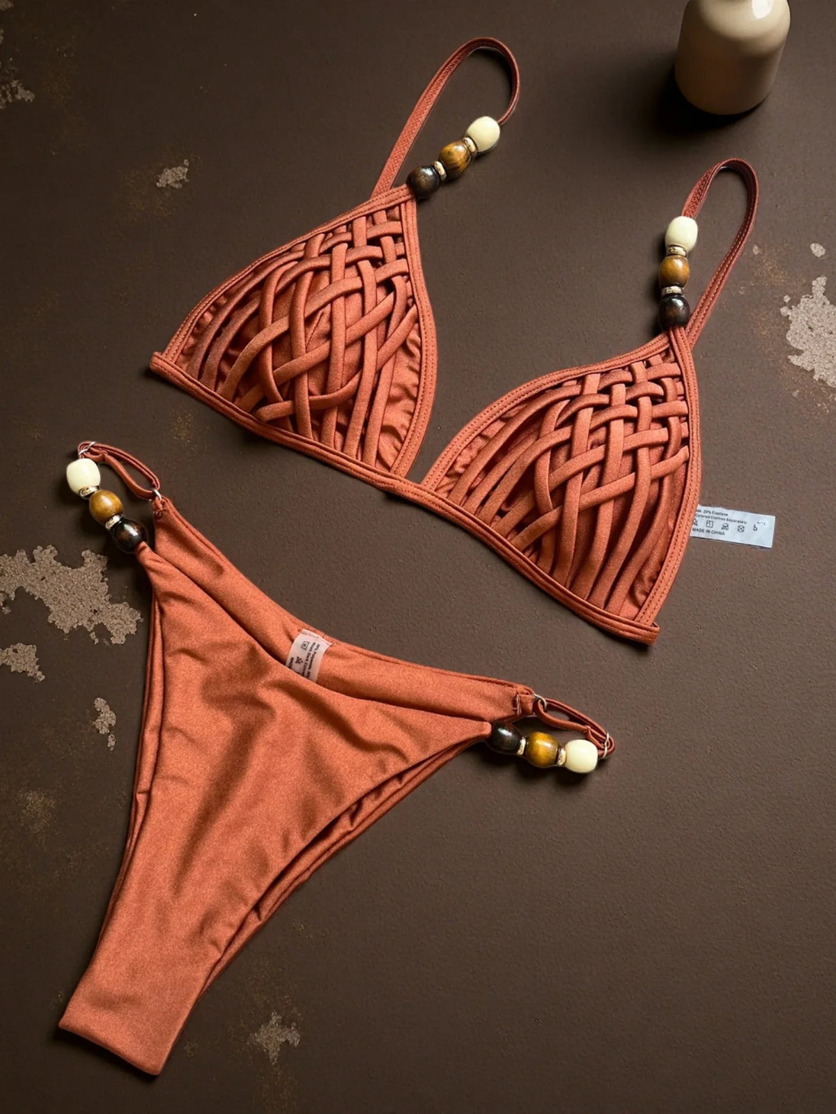 Sexy Pearls Strap Hole Out Micro Bikini Women Brown Knitted Push Up Bra Thong Swimsuit Summer Bathing Suit Holiday Swimwear 2026