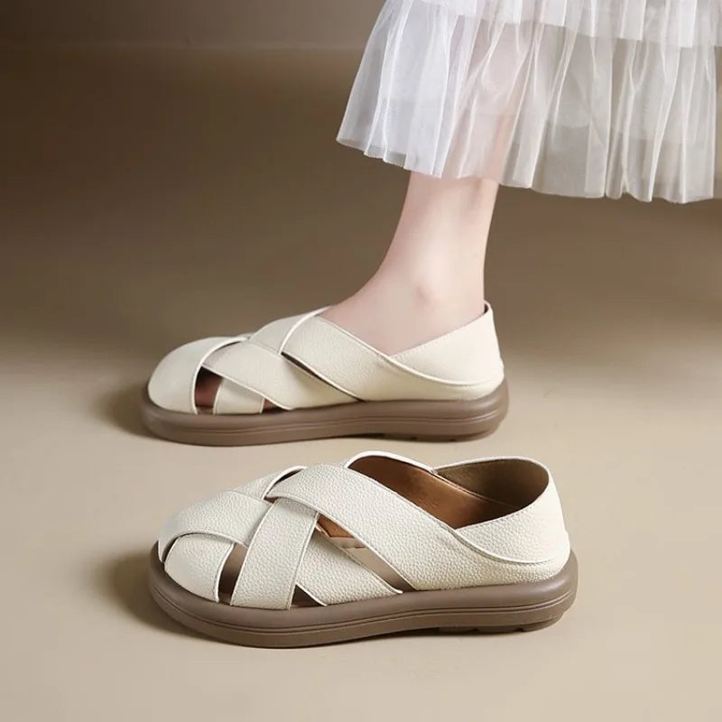 2026 Summer Flat Shoes Women CrossHollow Out Breathable Sandals Ladies Soft Sole Slip On Casual