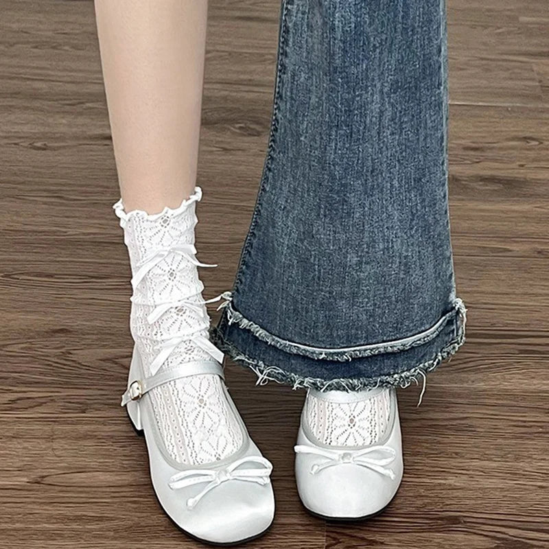 2025 spring cute sweet Bowknot Mary Janes for Womenvintage Silk Med Heelspumps LadiesBanquet Wedding Single Shoes Mujer