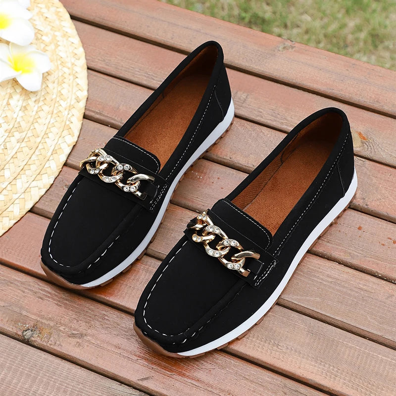 Fashion Metal Chain Soft Sole Flats Shoes Women Spring Autumn Pu Leather Platform Loafers Woman Slip On Non Slip Casual Shoes