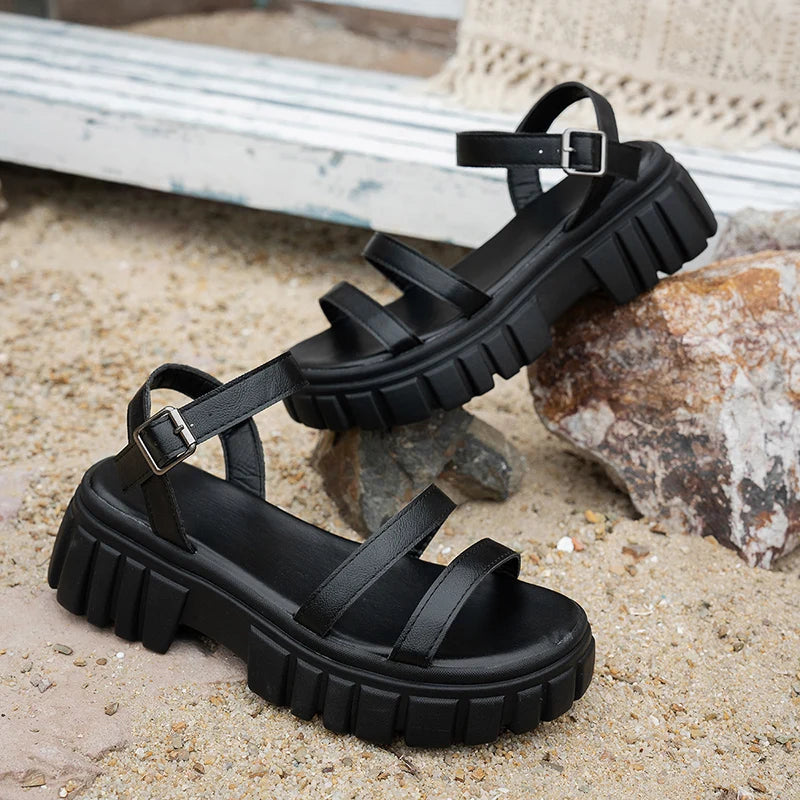 Plus Size 43 Ankle Buckle Thick Sole Rome Sandals Women 2026 Pu Leather Platform Beach Sandles Woman Non Slip Summer Sandalias