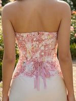 Women's floral print strapless shapewear, breathable mesh crop top with back tie, boning corset, tight-fitting bodysuit.