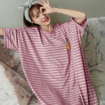 Women Summer Nightdress Short Sleeve Loose Breathable Comfortable Sleeping Polyester Stripes Print Night Robe Women Clothing