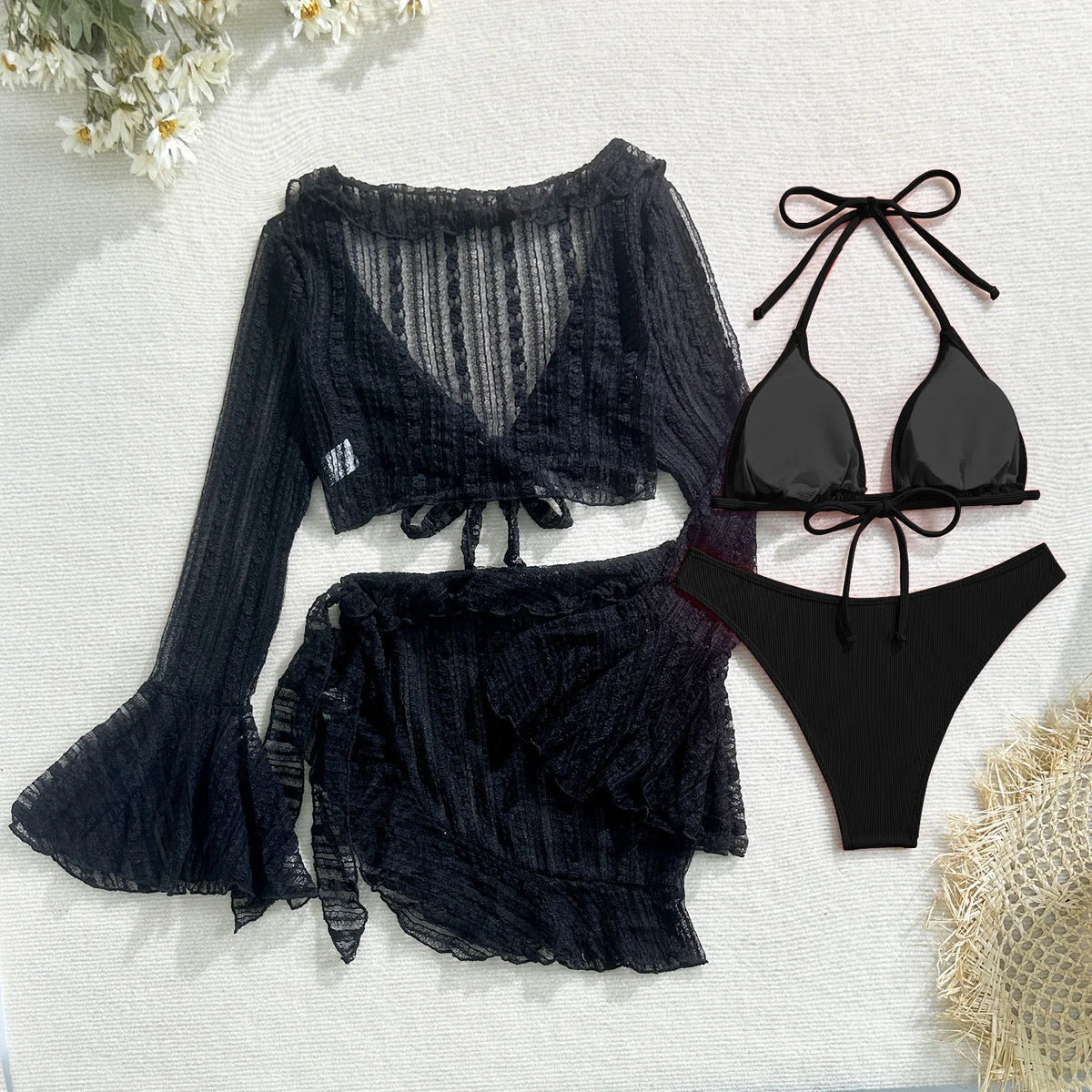 DEKA 4Pcs/Set Mesh Sheath Bikini Set Female Mini Camis Briefs Short Skirt Swimwear Fashion Drawstring Long Sleeve Boho Swimsuit