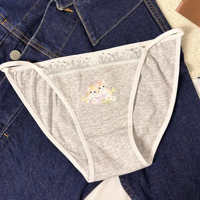 Cotton Girls Panties Cute Cat Sexy Japanese Lace Women Briefs Lady ThongUnderwear G String Female Low Waist Lingerie