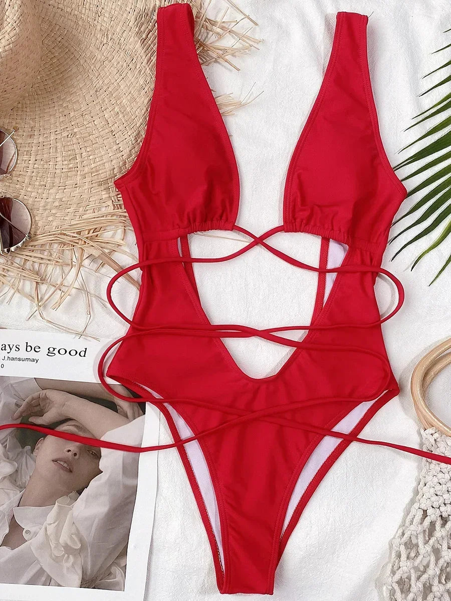 Deep V Neck Wrap Around High Cut Women Swimwear One Piece Swimsuit Female Monikini Tummy Cut Out Bathing Suit Swim Beach Wear