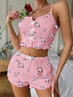 Summer Sleepwear for Women Fashion Floral Print Pajama Set V Neck Cami Top Lettuce Trim Shorts Sexy Lingerie Loungewear