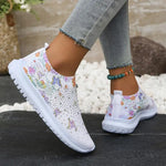 2025 Fashion Crystal Platform Sneakers Women Plus Size Slip On Flowers Printed Flats Woman Breathable Soft Sole Wakling Shoes
