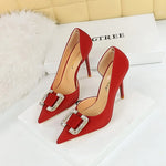 BIGTREE Pumps Elegant Pointed Crystal Buckle Slim High Heel Single Shoes Women Silk Spring/Summer High Heel Pumps Wedding Dress