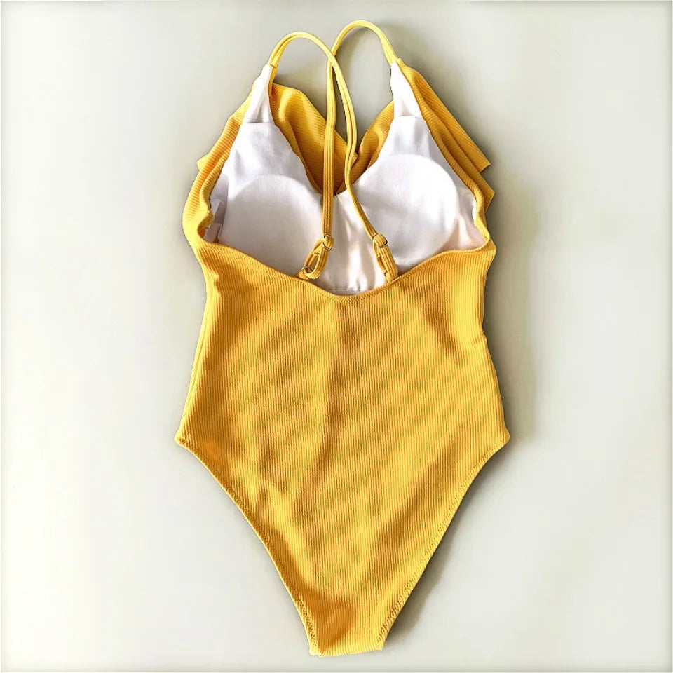 S - XXL Sexy Ribbed Ruffled One Piece Swimsuit Women Swimwear Female Monokini High Cut Bather Bathing Suit Swim Wear Bodysuit