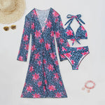 Blue Leopard Print Bikini Set Large Size Women Front Tie Push Up High Waist Swimsuit 2026 Long Sleeve Cover Up 3 Piece Swimsuit