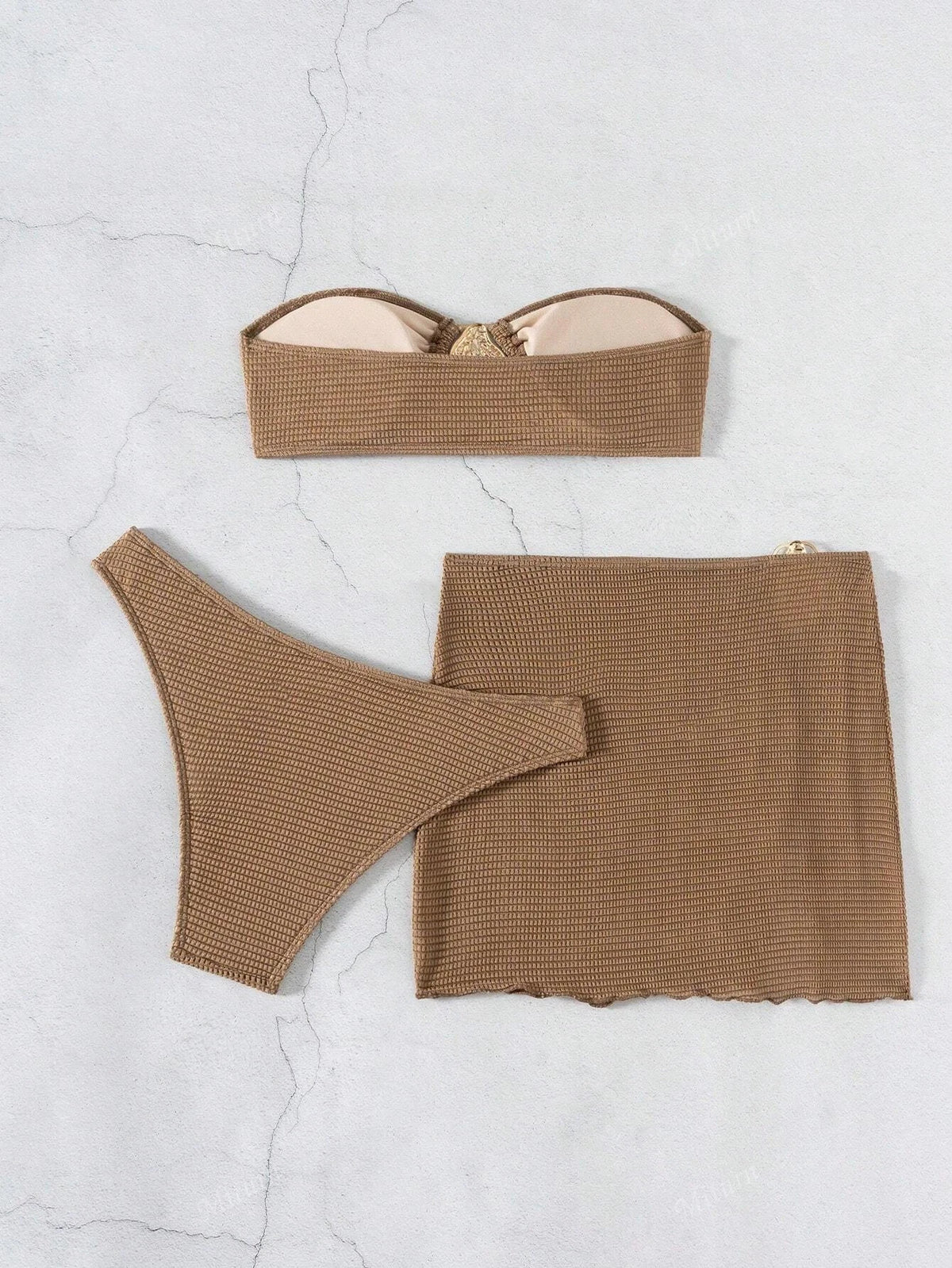 New 3 Pieces Push Up Bandeau Thong Bikini Set Swimsuit Women Brown Swimwear with Sarong Skirts Beach Wear Summer Bathing Suit