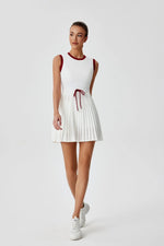 Summer Round Neck One-piece Tennis Dresses for Women White Contrast Sleeveless Drawstring Built-in Shorts Fitness Pleate Skirt