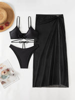 New 3 Pieces Halter Triangle Thong Bikini Set Swimsuit Women Black Swimwear with Sarong Skirts Dress Beach Wear Bathing Suits