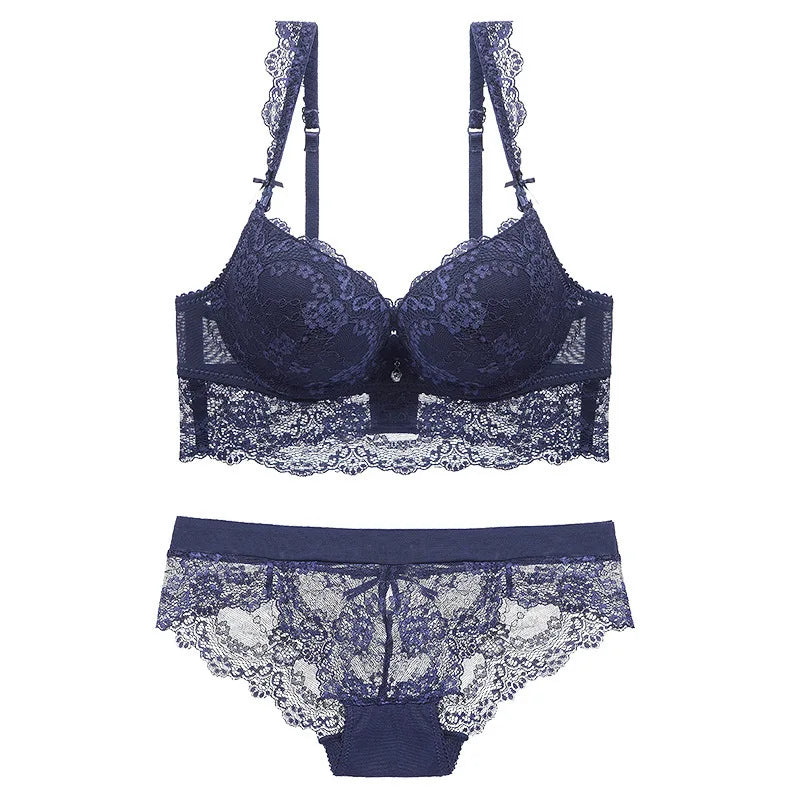Europe Sexy Lace Flowers Embroidery Bra Set Adjustable Women Underwear Push Up Bras Romantic Burgundy Plus Size Lingerie Panties