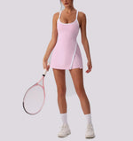 Color Contrast Tennis Dresses Women Beautiful Back Hollow Back Cross Split Skirt Pocket Sports Fitness One-piece Yoga Golf Suit